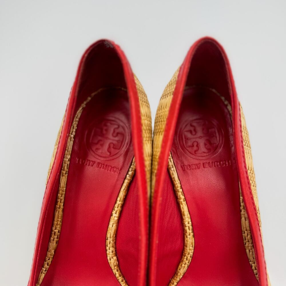 Tory Burch Reva Raffia Wedge Pumps 8M Straw Woven Red Logo Coastal Resort Shoes - Picture 10 of 16